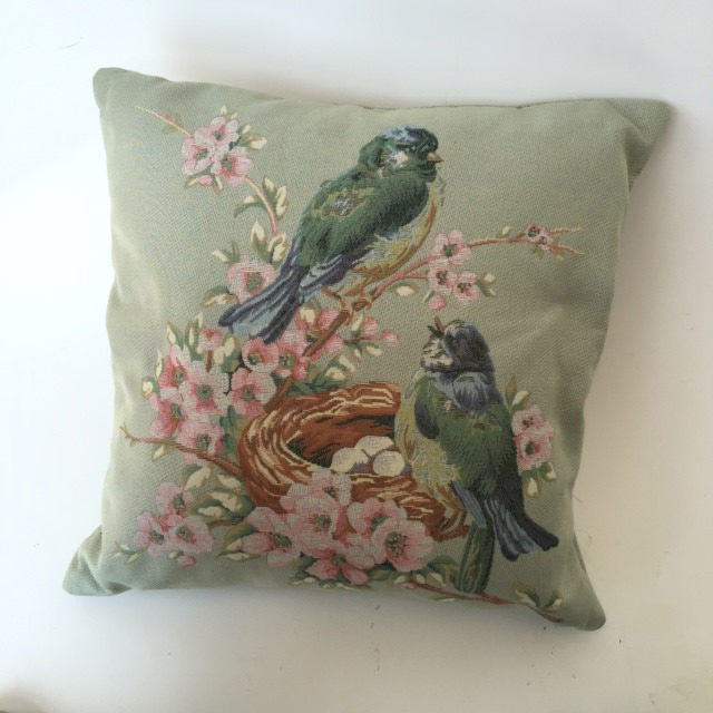 CUSHION, Neutral Blue Grey Birds